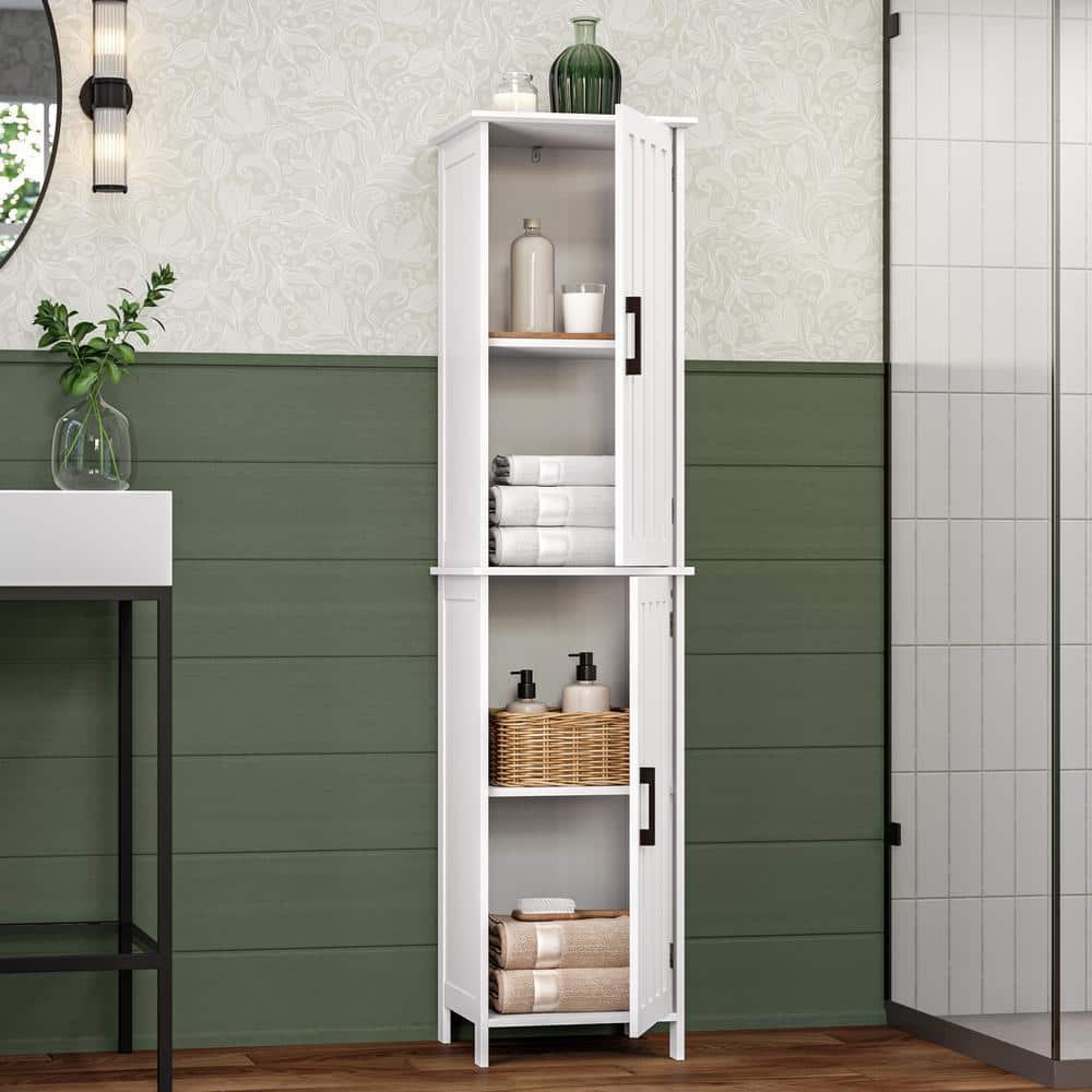 RiverRidge Home Monroe 14.75 in. W x 13.38 in. D x 60 in. H White Linen Cabinet Tall Bathroom Storage and Organizer with Doors