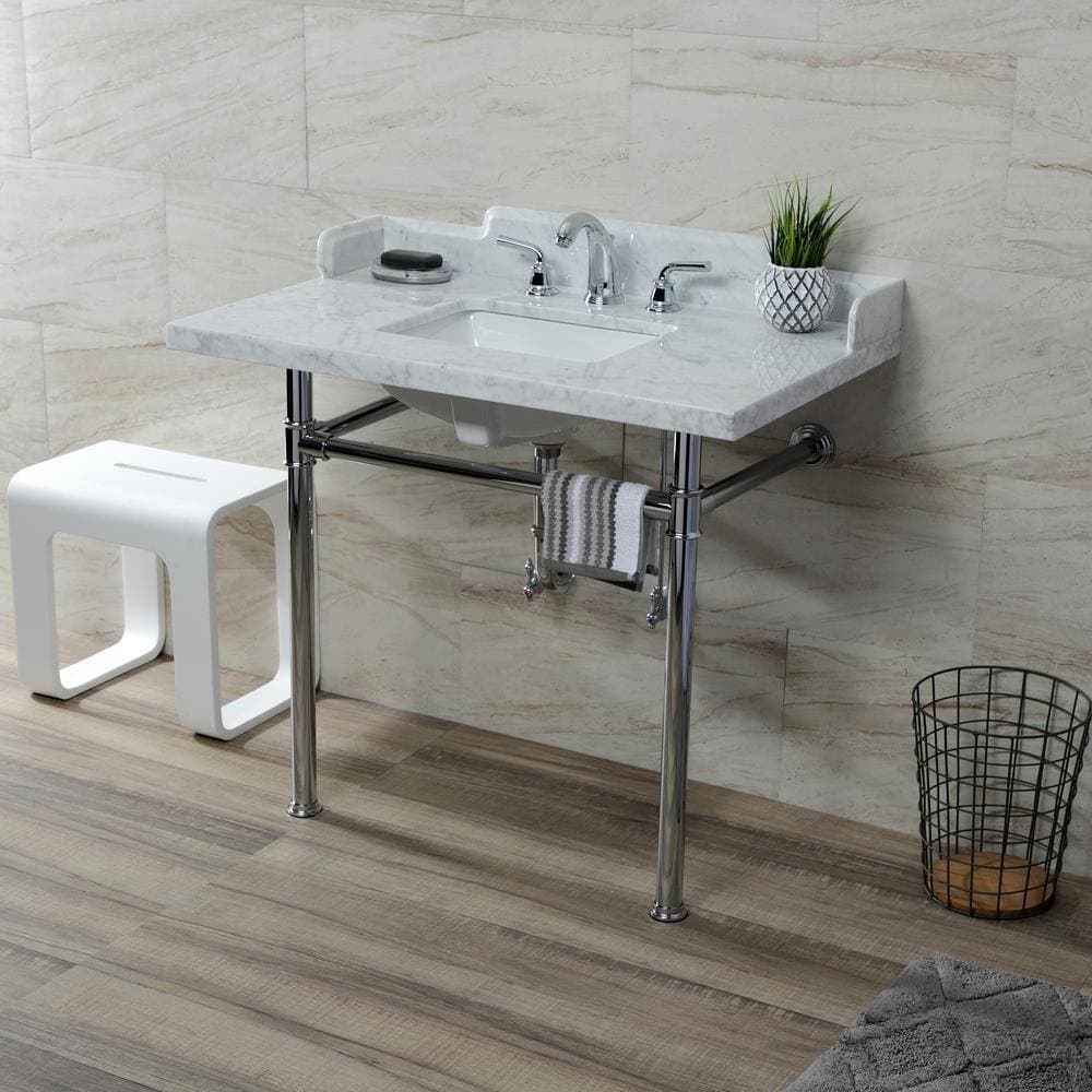 Kingston Brass Fauceture 36 in. Marble Console Sink Set with Stainless Steel Legs in Marble White/Polished Chrome (3)