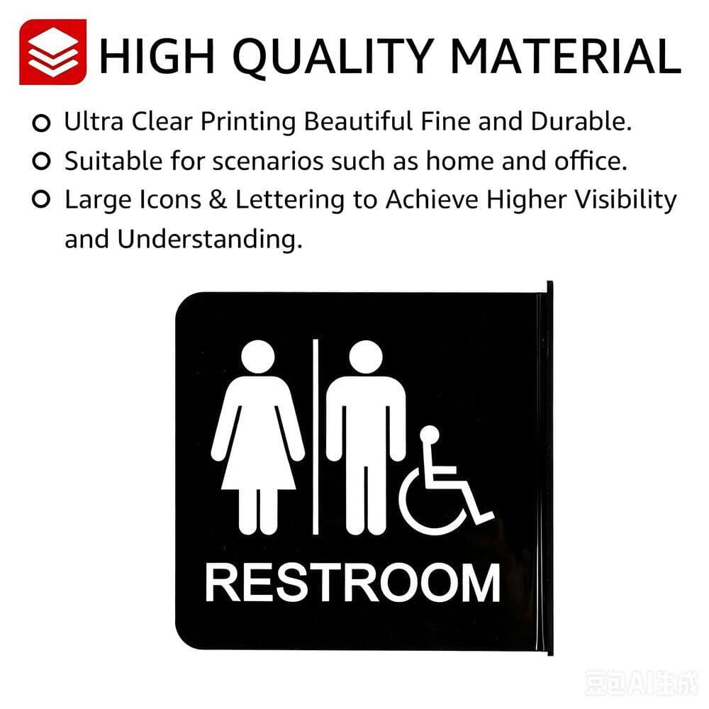 Wudkey 4-Piece Bath Accessory Set in Black, Double Sided Acrylic Restroom Signs, 6 x 6 in. Universal Bathroom Door Wall Decor (3)