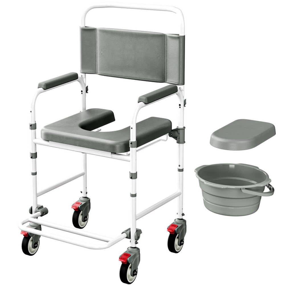 Numhew Bedside Commode with Wheels, Shower Wheelchair with 300 lb. Weight Capacity, Portable Toilet Seat with Bucket (1)