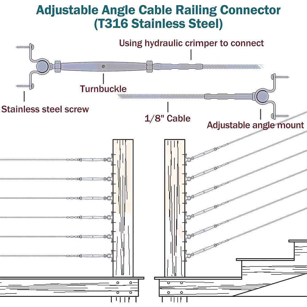 Afoxsos 7.2 in. x 0.13 in. T316 Stainless Steel Adjustable Angle Cable Railing Kit for Wood Post Marine Grade 30 Pack Silver (2)