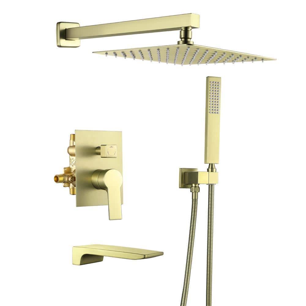 Aurora Decor ACA Single-Handle 3-Spray Square with 1.8 GPM 10 in. Wall Mount Dual Shower Faucet in Brushed Gold (Valve Included) (1)