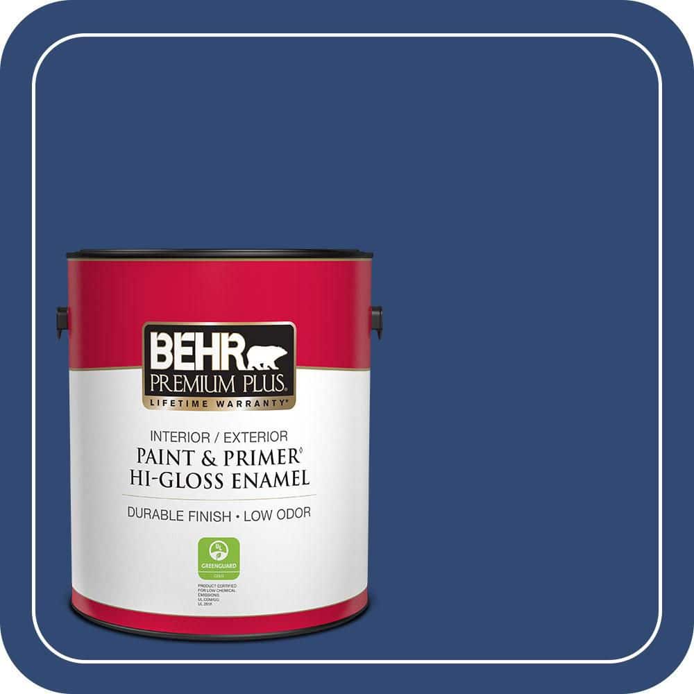 BEHR PREMIUM PLUS 1 gal. #S-H-580 Navy Blue Hi-Gloss Enamel Interior/Exterior Paint & Primer (1)
