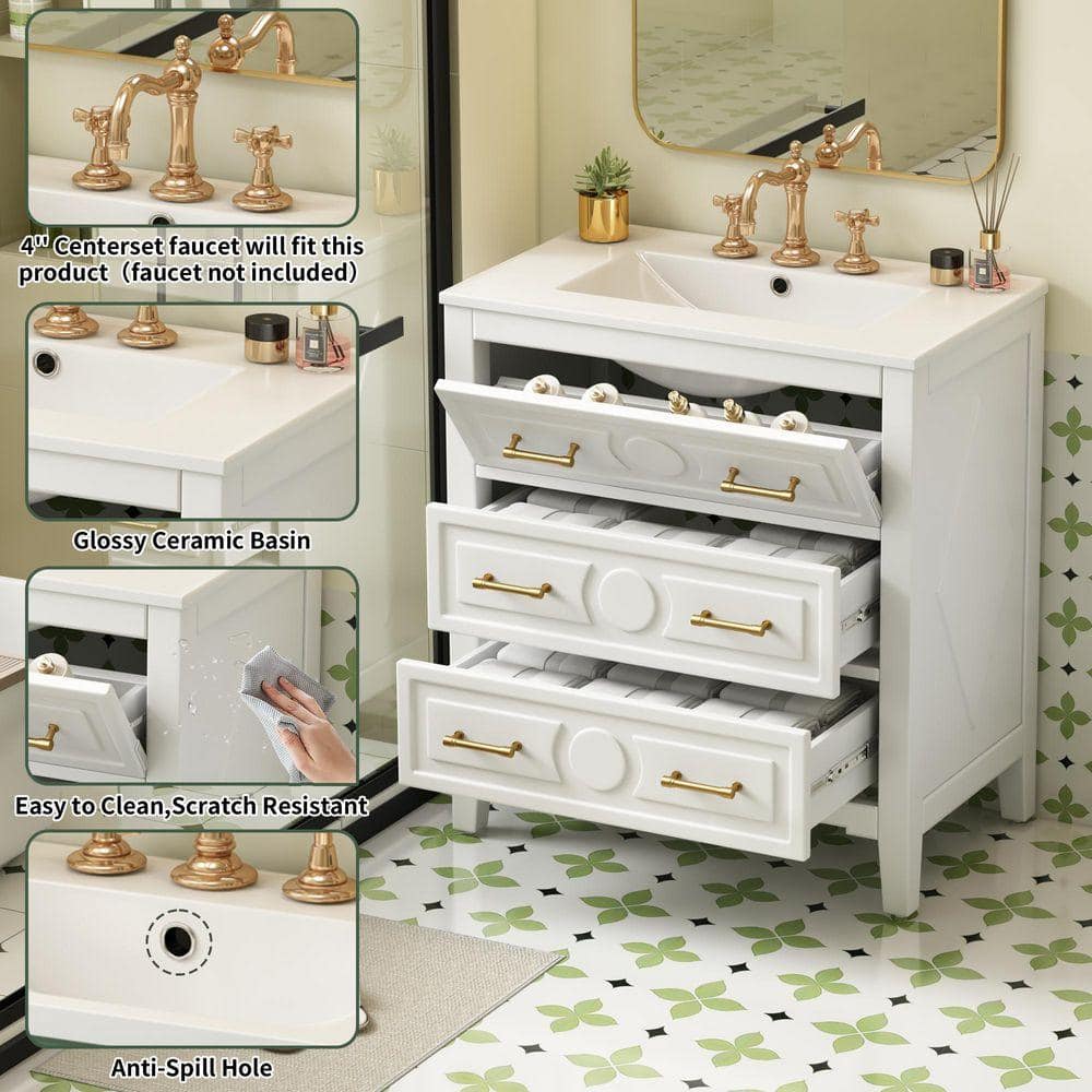 COWLOWN 30 in. W x 18.3 in. D x 34 in. H Bathroom White Linen Cabinet (3)