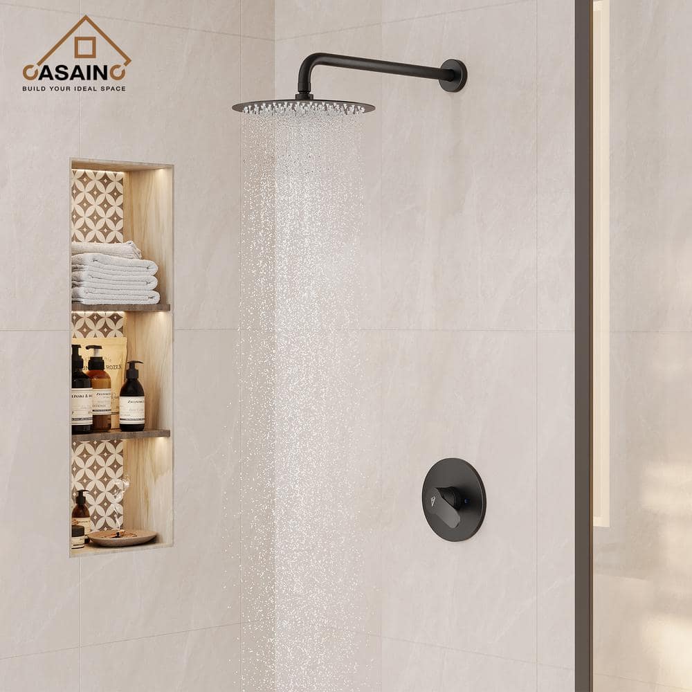 CASAINC 1-Spray Patterns with 1.8 GPM 10 in. Wall Mount Round Fixed Shower Head in Matte Black (Valve Included) (3)