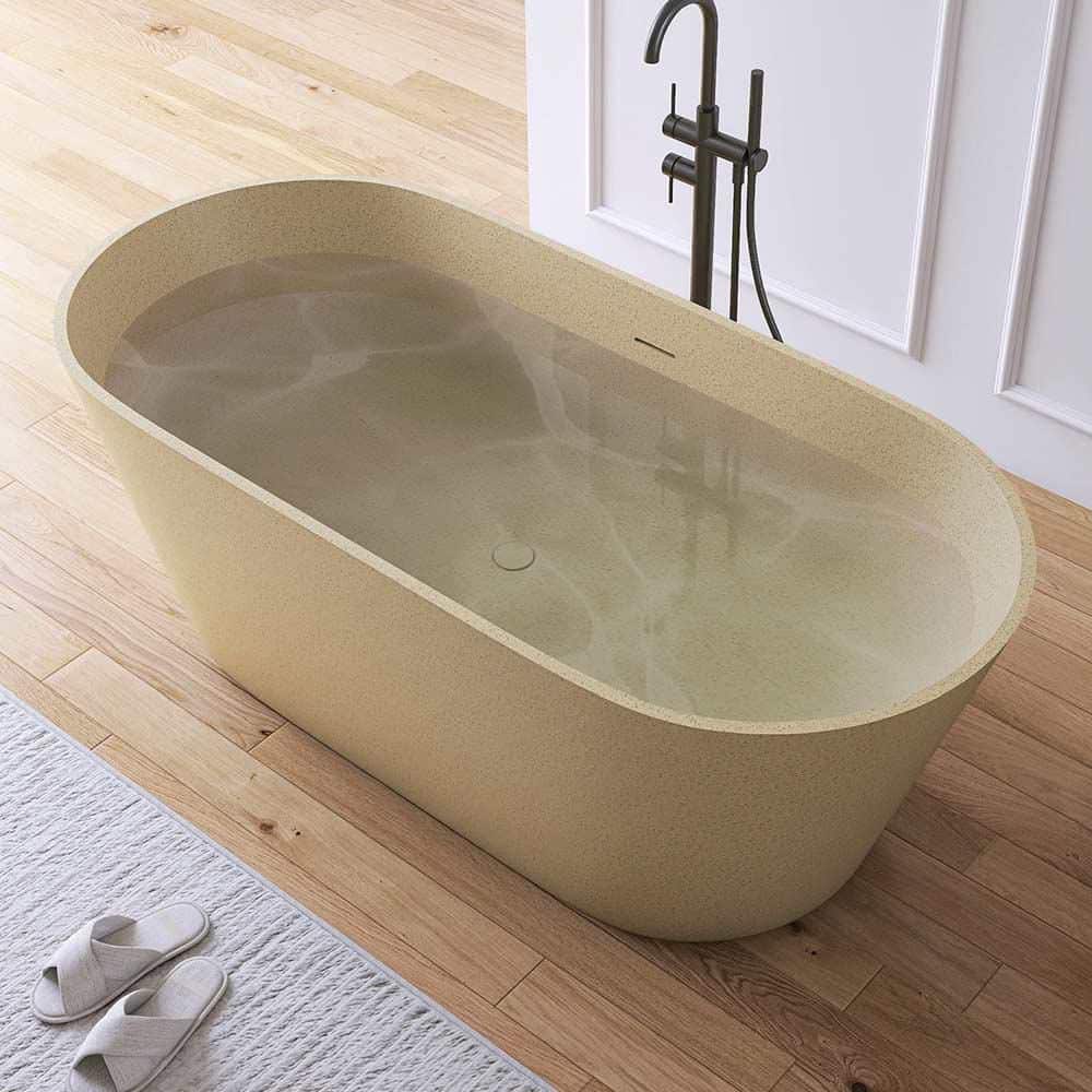 MEDUNJESS 63 in. x 29.5 in. Stone Resin Solid Surface Flatbottom Freestanding Soaking Bathtub in Beige with Terrazzo Texture (2)