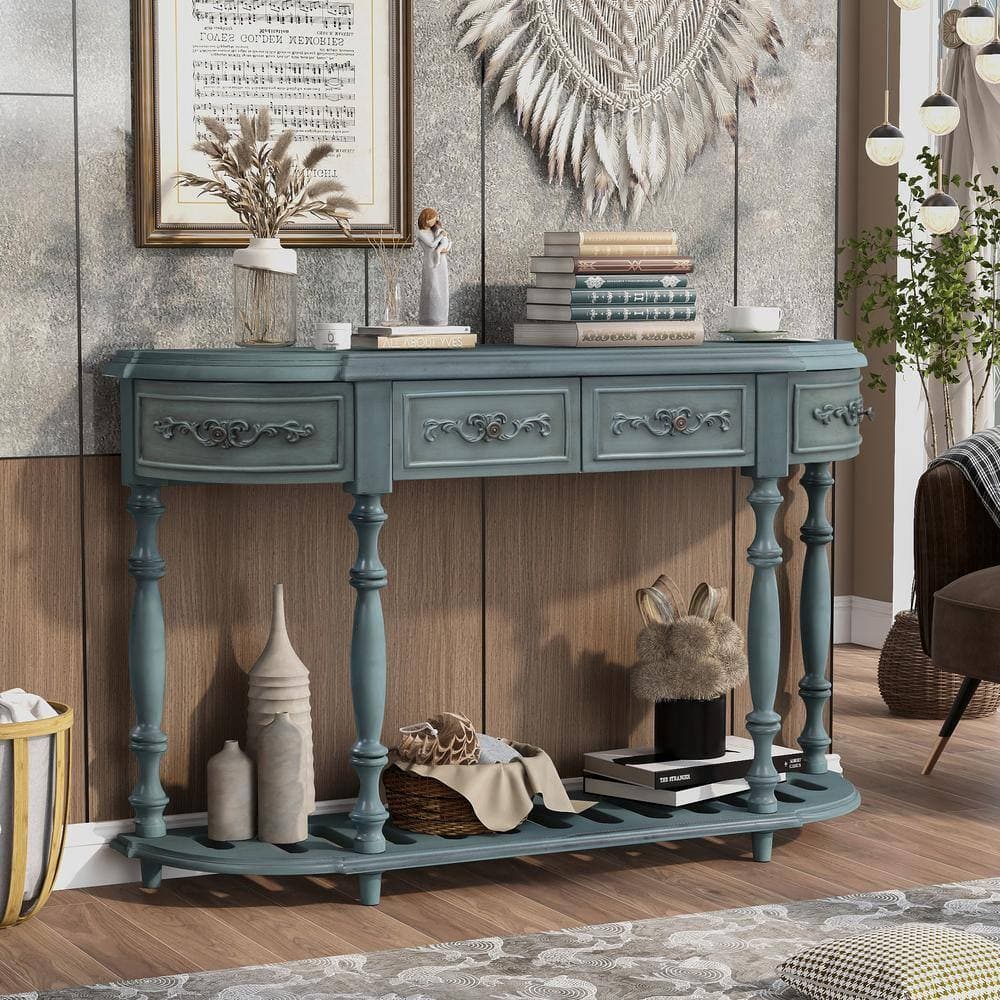 Unbranded 52 in. W x 13 in. D x 32.2 in. H Blue Linen Cabinet Contemporary Curved Console Table Sofa Table with 4 Drawers, Shelf (2)