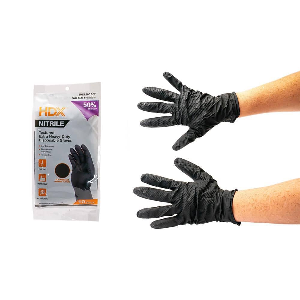 HDX Black Nitrile Disposable Gloves 10-Pack, 8 Mil, Diamond Textured Grip, Latex-Free, Powder-Free (3)