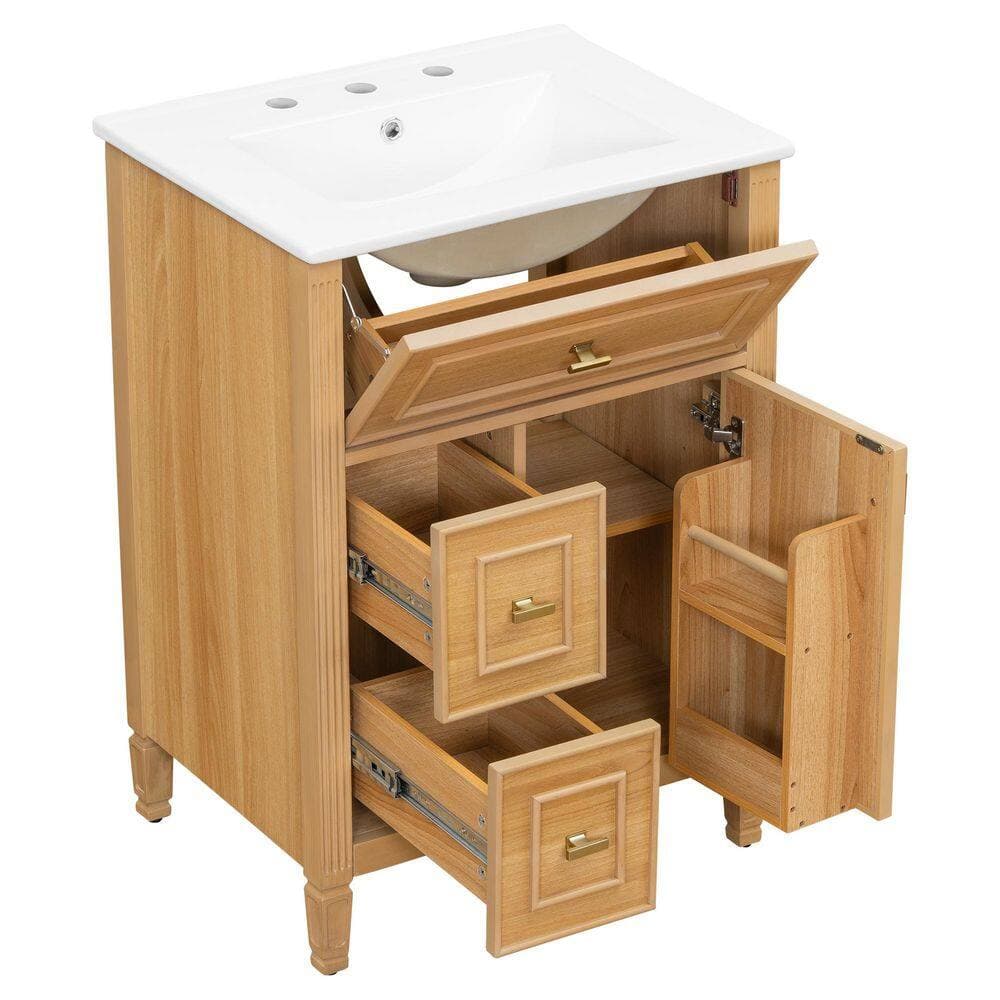 Lycvki 24 in. Undermount Bathroom Sink in Brown with 1 Flip Drawer and 2 Drawers, Adjustable Shelf (2)