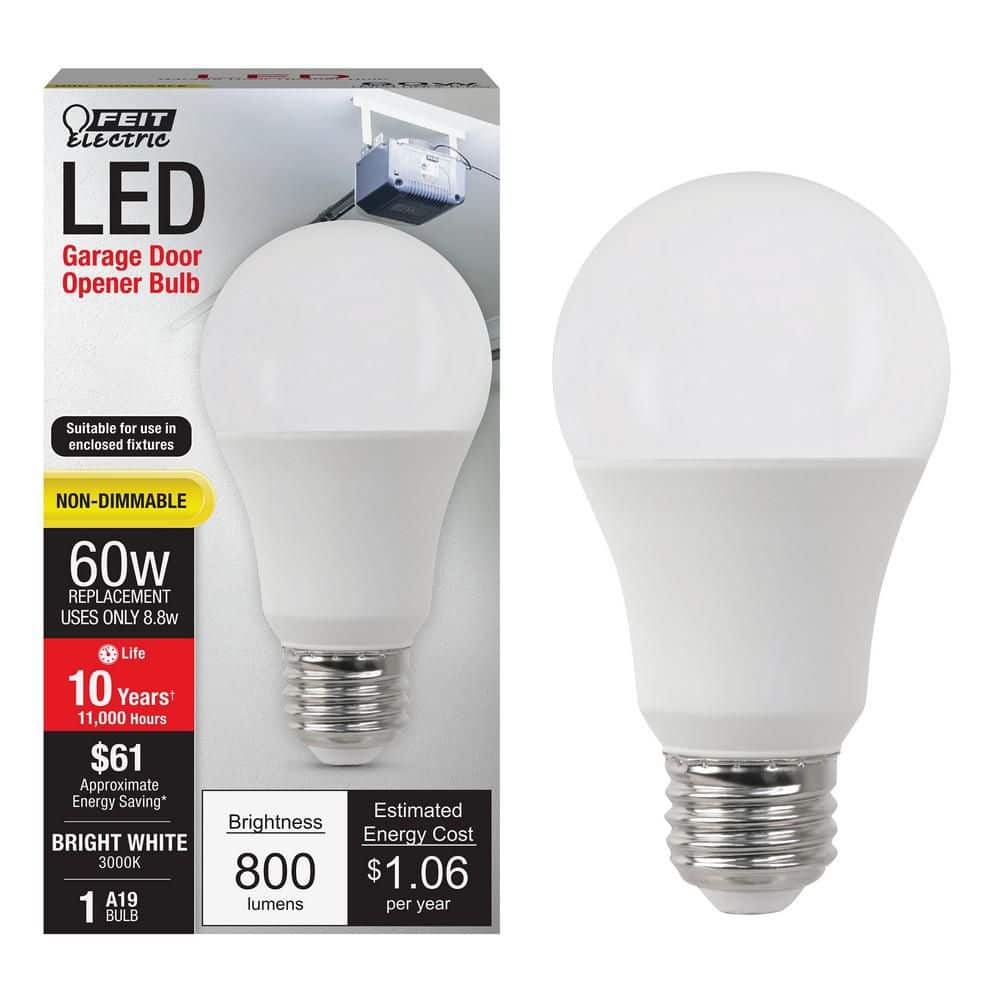 Feit Electric 60-Watt Equivalent A19 Non-Dimmable CEC Title20 90 CRI Garage Door Opener E26 Medium LED Light Bulb, Bright White 3000K (2)