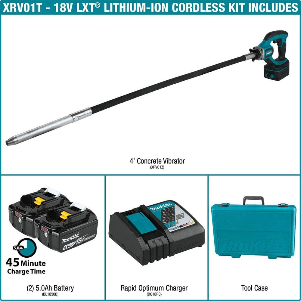 Makita 18-Volt LXT Lithium-Ion Cordless 4 ft. Concrete Vibrator Kit, 5.0Ah (2)