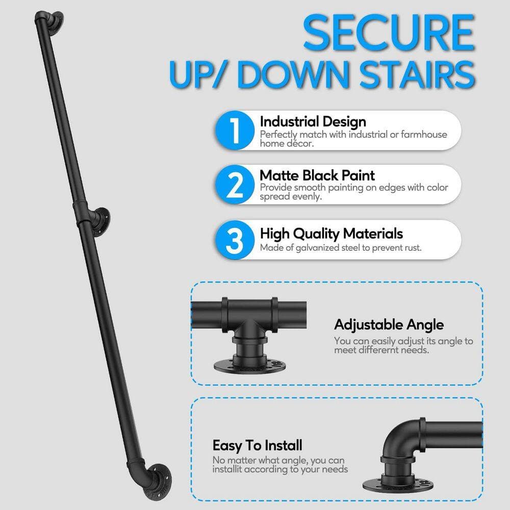 Unbranded 3 ft. Black Metal Iron Handrail Wall Mount Indoor Outdoor Staircase Safety Banister Galvanized Pipe Support (2)