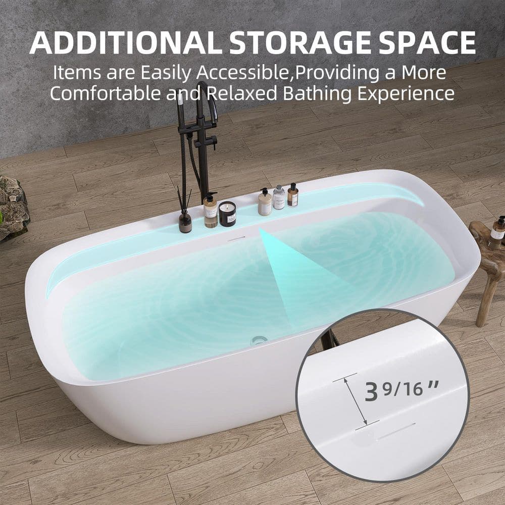 Zeafive Dex 67 in. x 31 in. Oval Acrylic Freestanding Soaking Bathtub with Integrated Storage Ledge and Center Drain in White (3)