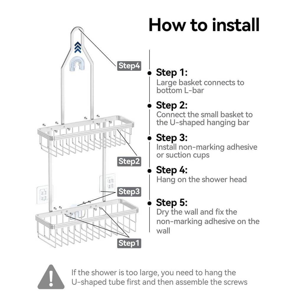 Anqtovp Hanging Anti-Rust Aluminum 2-Tier Shower Caddy with Soap Dish and Removable Hooks in Bright Silver (3)