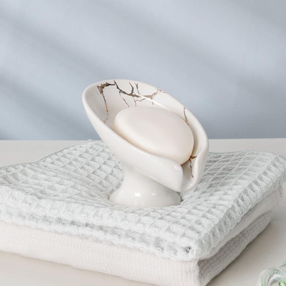 Unbranded 1 Pack Cream White Gold Marble Ceramic Leaf Shaped Self Draining Soap Dish for Bathroom Sink Counter (2)