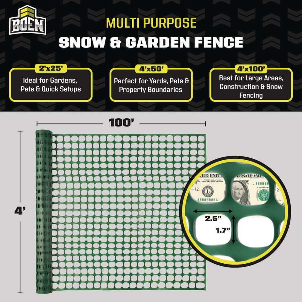 BOEN 4 ft. x 100 ft. Green Construction Snow/Safety Barrier Fence (2)