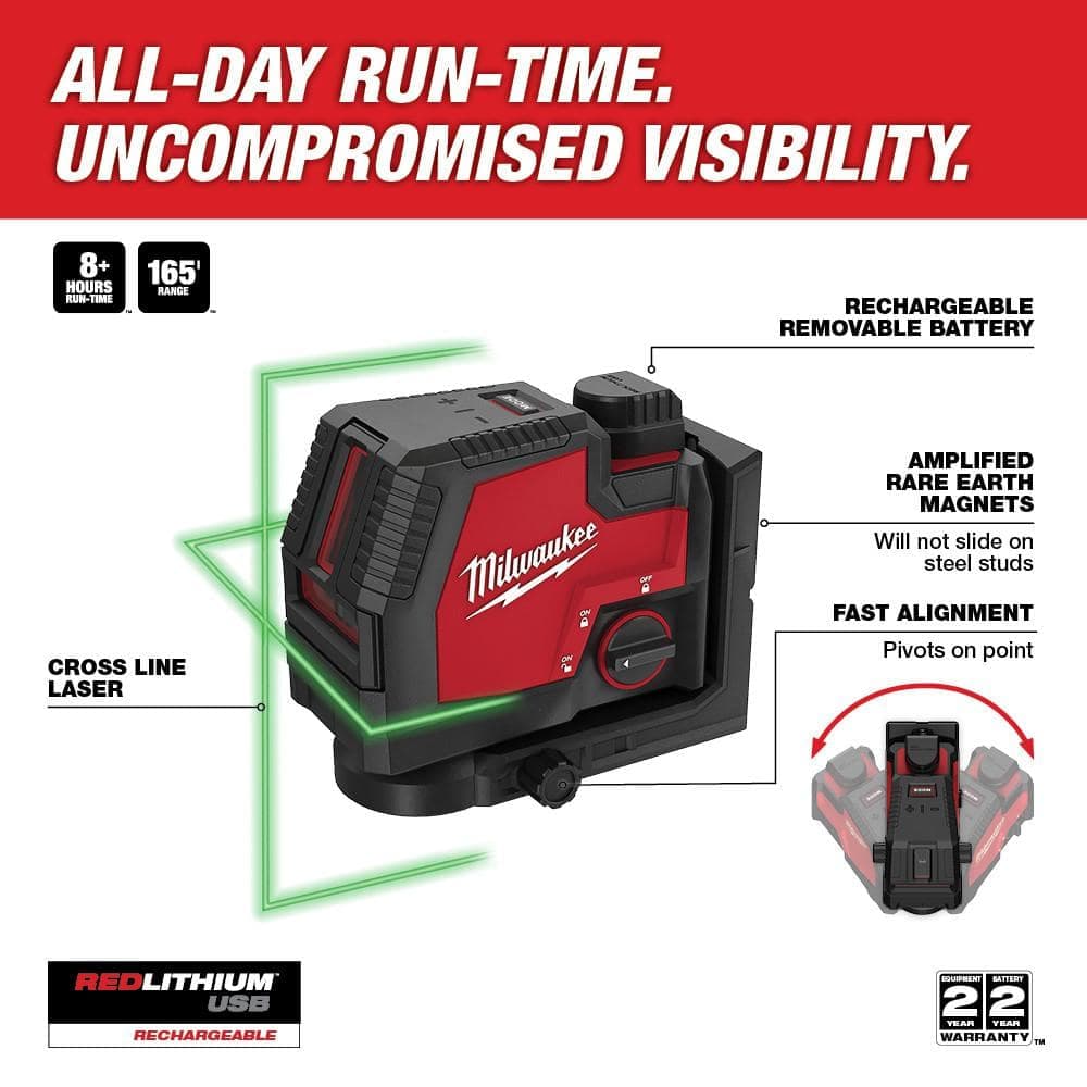 Milwaukee 100 ft. REDLITHIUM Lithium-Ion USB Green Rechargeable Cross Line Laser Level with Charger and Adjustable Tripod (2)