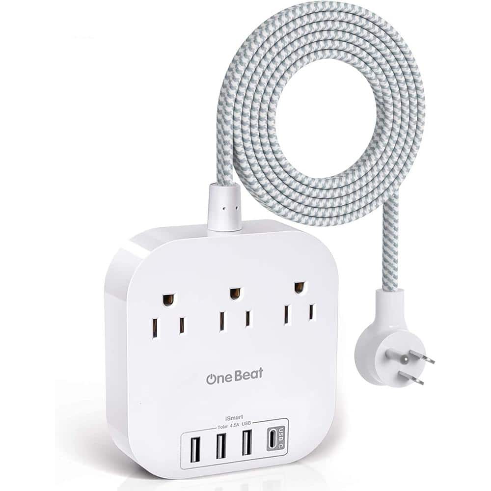 Lukyamzn 5 ft. Braided Cord Power Strip with Flat Plug, 3-Outlets 4-USB Ports (1 USB-C) Non Surge Protector for Travel in White