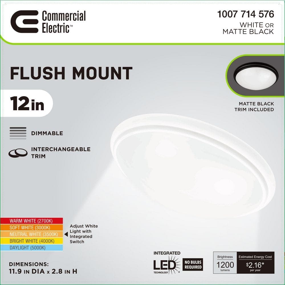 Commercial Electric 12 in. Light Matte Black and White Adjustable CCT Integrated LED Ceiling Flush Mount Fixture with Interchangeable Trim (4)