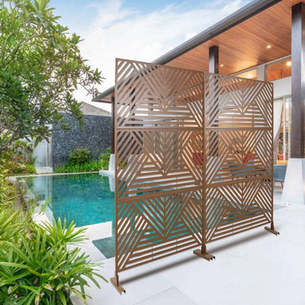 Unbranded 76 in. Hx48 in. W Line Hollow Shape Metal Freestanding Decorative Privacy Screen in Brown, Outdoor and Indoor (2)