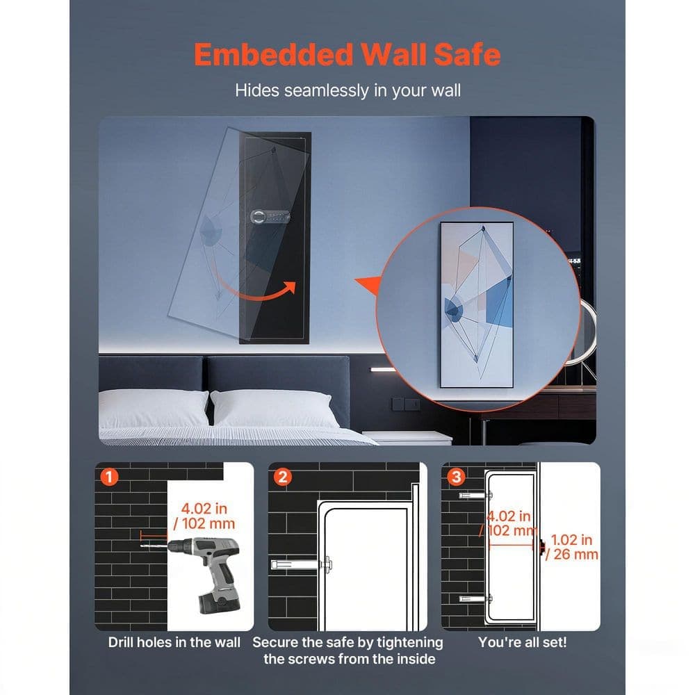 SKYSHALO 4-Tier Wall Safe, Q235 Steel In-Wall Hidden Safe with Password and Key, LED Light, 3 Adjustable Shelves and Key Holders (2)