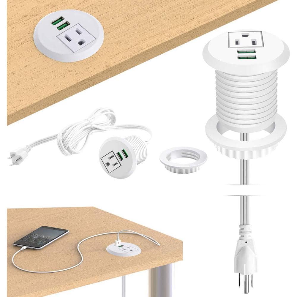 Ahfiwaso 1-Outlet AC Desktop Power Grommet with 2-USB Ports and 6.56 ft. Cable Fire Resistant in White (2)