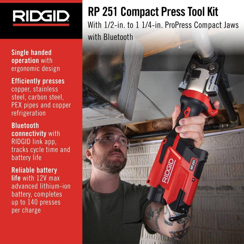 RIDGID RP 251 Stainless Steel Press Tool Kit Includes 4-ProPress Jaws (1/2, 3/4, 1,1-1/4 in.),2-12V Batteries,Charger Plus Case (2)