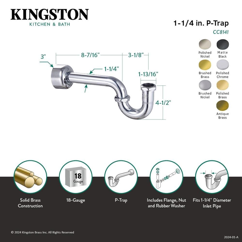 Kingston Brass Circlet 1-1/4 in. Polished Chrome Brass P-Trap, 18-Gauge (2)