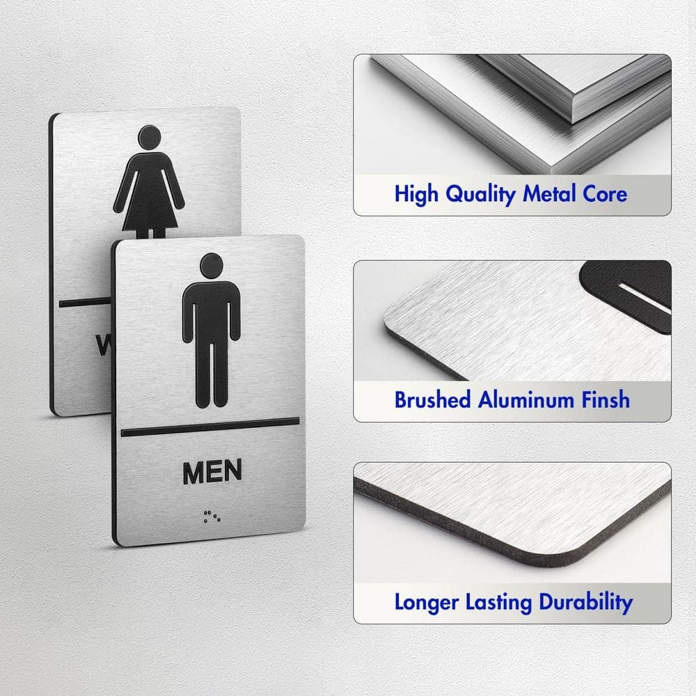LAIFUCAM 2 Piece Set Brushed Aluminum ADA Self-Adhesive Raised Braille Restroom Signs for Men and Women Bathroom Door (2)