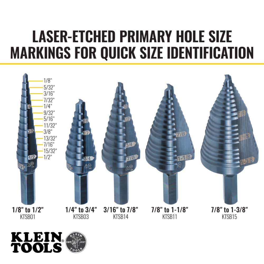 Klein Tools 1/8 in. to 1/2 in. High Speed Steel Double-Fluted Step Drill Bit (3)