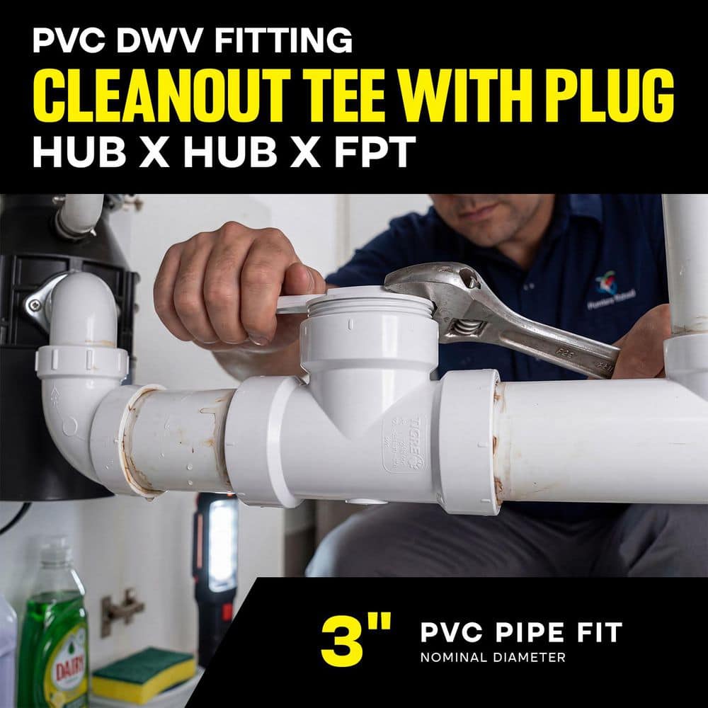 PLUMBFLEX 3 in. Rigid PVC DWV Cleanout Tee with C.O. Plug, 0.42 ft Long, Hub x Hub x FPT White PVC Drain, Schedule 40 (10-Pack) (3)