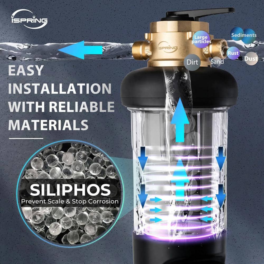 ISPRING NSF-Certified 50-Micron Jumbo Auto-Flush Anti Scale Spin Down Sediment Water Filter w/ Bypass,1in. MNPT and 3/4 in. FNPT (3)