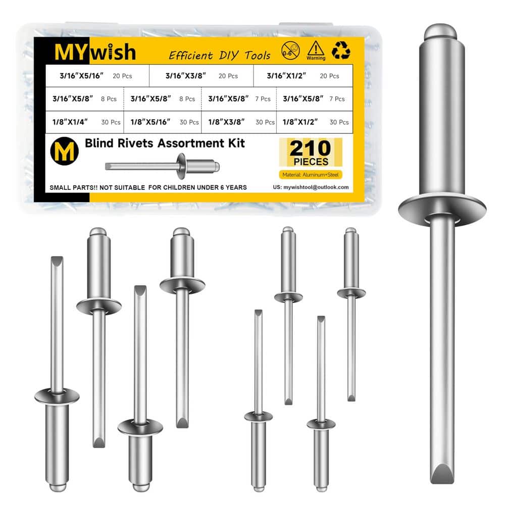 MYWISH 210-Piece Aluminum and Steel Blind Pop Rivet Assortment Kit (8 Sizes: 1/8 in. and 3/16 in. Diameter)