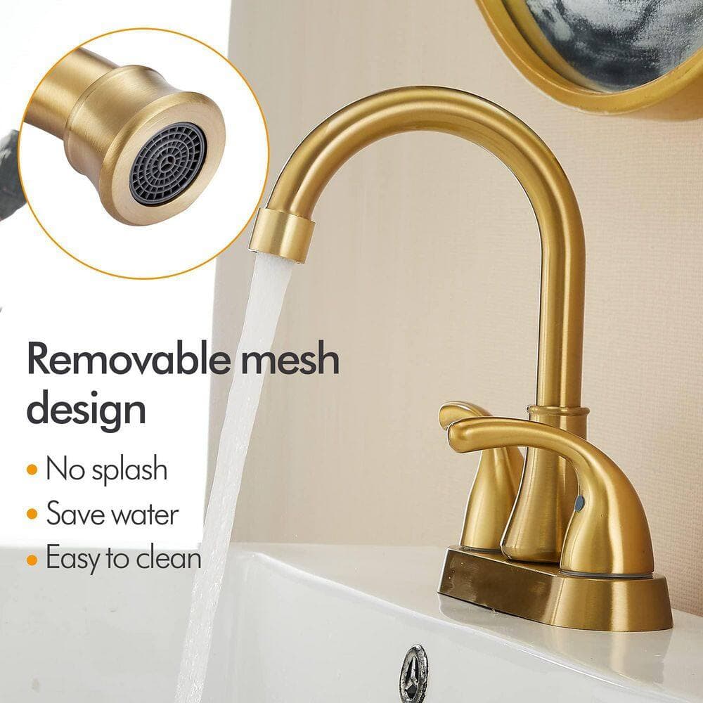 Numhew 1-Piece 4in. Three-Hole Bathroom Sink Faucet Set with Pop-Up Drain Stopper, Double-Handle in Brushed Gold (3)