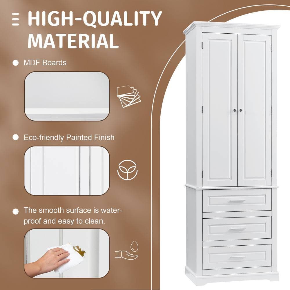 Tileon 24 in. W x 15.7 in. D x 70 in. H White MDF Freestanding Linen Cabinet with 3 Drawers (3)