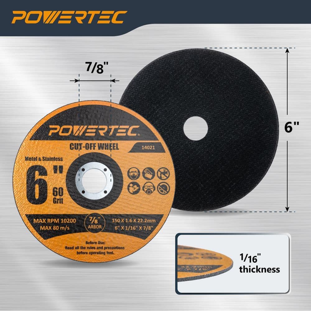 ‎POWERTEC 6 in. Metal Cut Off Wheels, 50-Pack, Iridium-Coated Aluminum Oxide 60 Grit, 1/16 in. Thick with 7/8 in. Arbor (3)