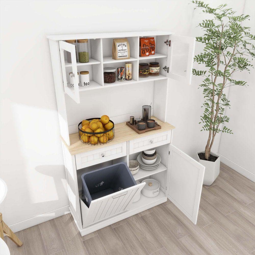 XUJMK 39 in. W x 14 in. D x 68 in. H White Linen Cabinet 68 in. Tall Kitchen Trash Can Storage Cabinet w/ 3-Adjustable Shelves (3)