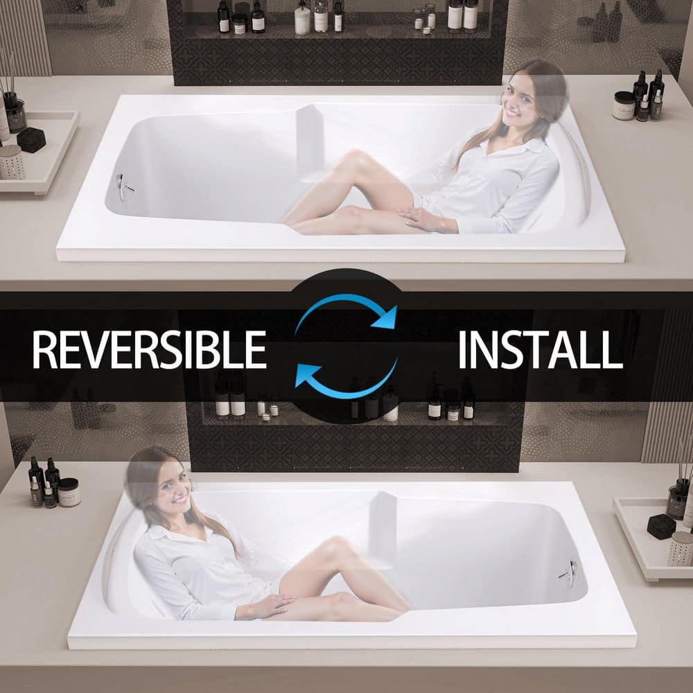 Zeafive Dor 60 in. x 36 in. Rectangular Acrylic Soaking Drop-In Bathtub w/ Reversible Drain Hole and Integrated Armrest in White (2)