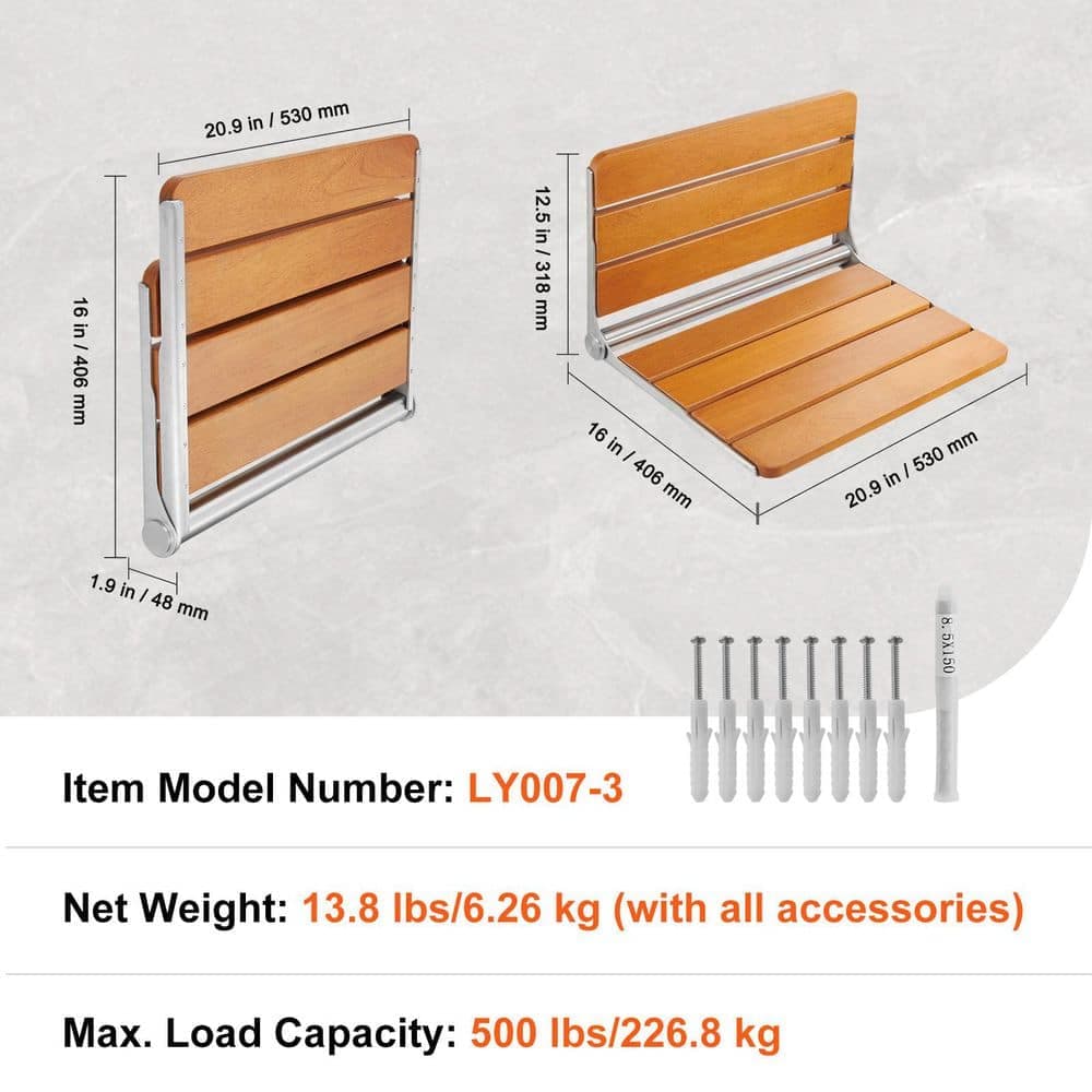 Unbranded 21 in. W Wall Mounted Teak Wood Folding Down Shower Chair with 500 lbs. Load Capacity in Natural Wood Finish (2)
