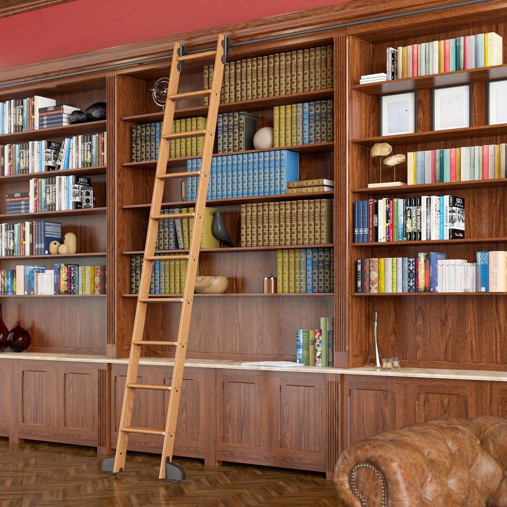 Quiet Glide 9.92 ft. Red Oak Library Ladder (11 ft. Reach) Black Contemporary Rolling Hardware 12 ft. Rail and Horizontal Brackets
