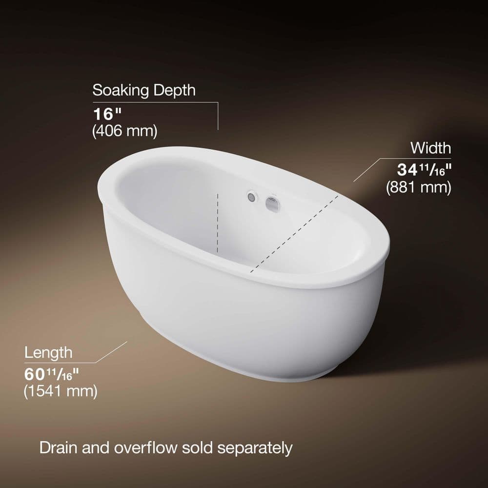 KOHLER Sunstruck 60.6275 in. x 33.8125 in. Oval Soaking Bathtub with Center Drain in White (3)