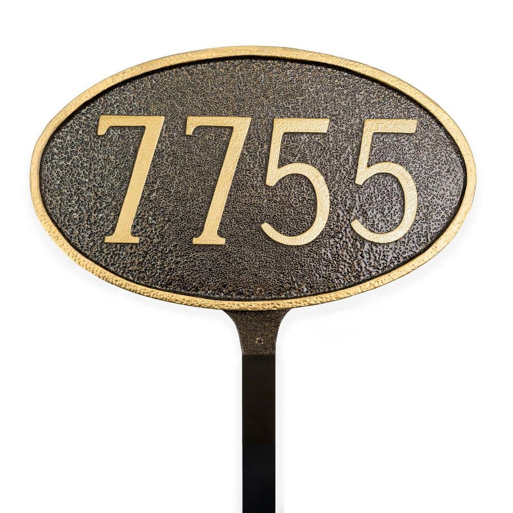 Montague Metal Products Classic Oval Small Address Sign Plaque with Lawn Stake - Hammered Bronze/Gold (1)