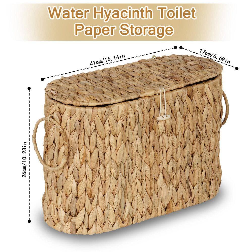 KHKFY Handwoven Water Hyacinth Slim Toilet Paper Storage Basket with Lid Holds 9 Mega Rolls in Natural Brown (3)