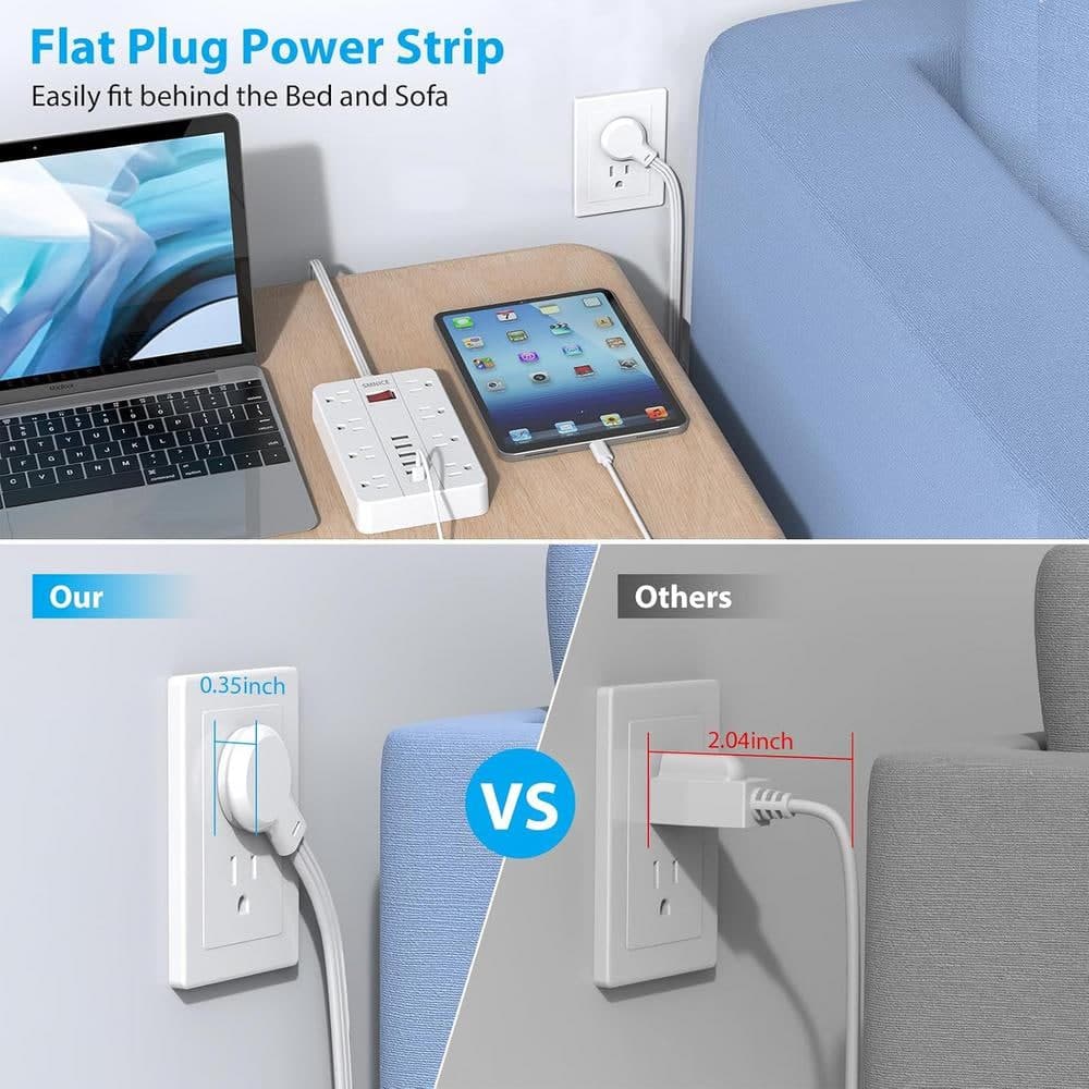 Lukyamzn 5 ft. Power Strip Surge Protector with Flat Plug, 8-Outlets and 6-USB Ports (1-USB-C), Wall Mountable in White (2)