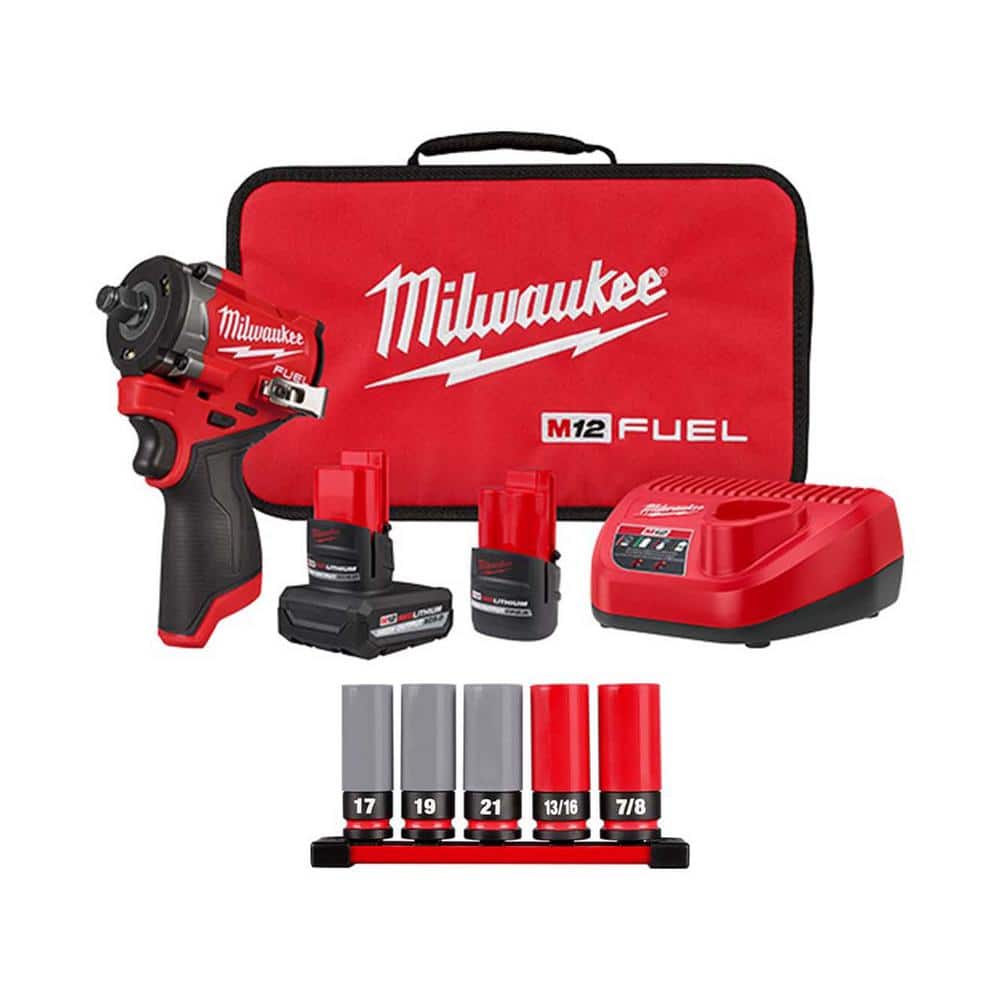 Milwaukee M12 FUEL 12V Li-Ion Brushless Cordless Stubby 1/2in. Impact Wrench Kit w/(2)Batteries & Lug Nut Impact Socket Set (5-Pc) (1)