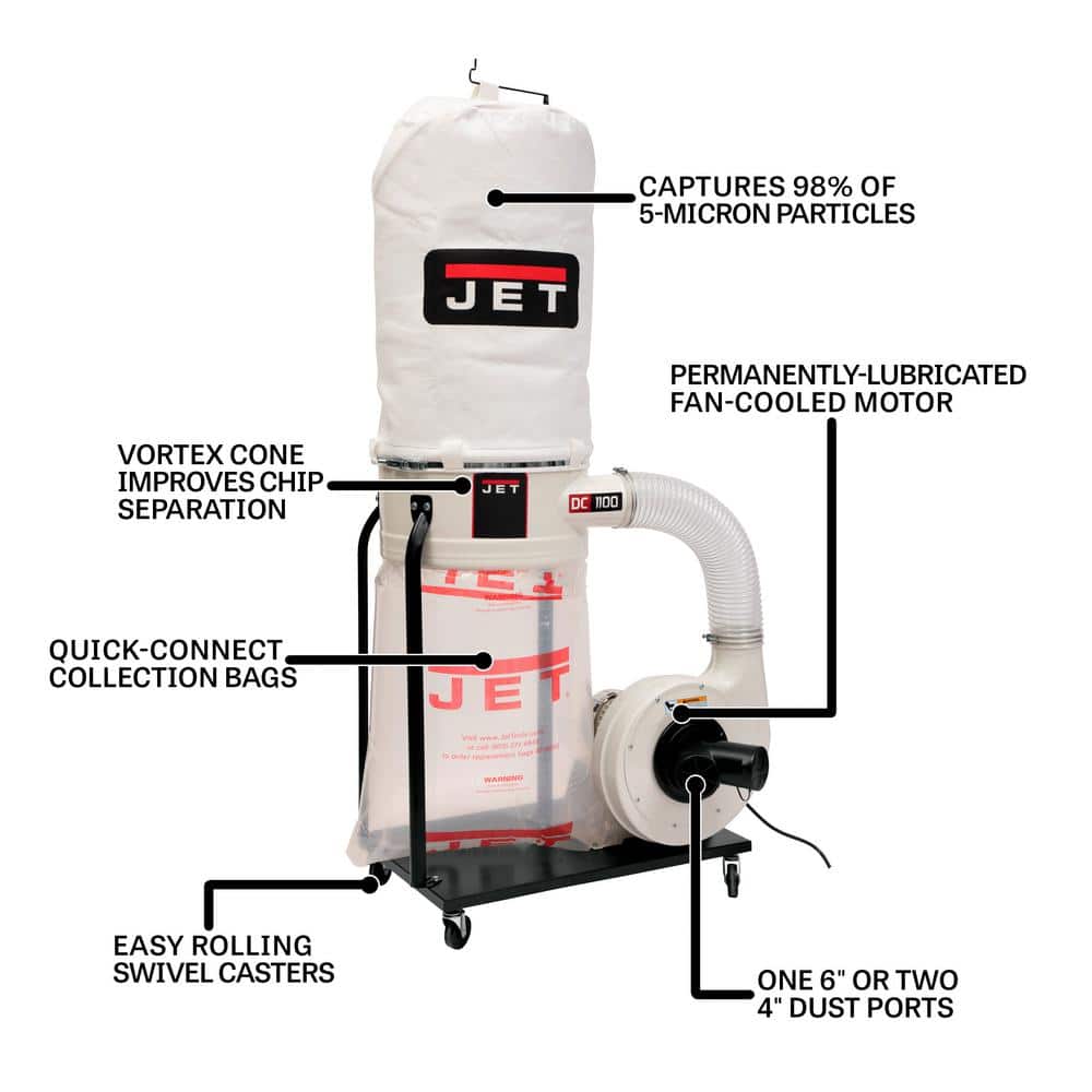 Jet 1.5 HP 1100 CFM 4 or 6 in. Dust Collector with Vortex Cone and 5-Micron Bag Filter Kit, 115/230-Volt, DC-1100VX-5M (2)