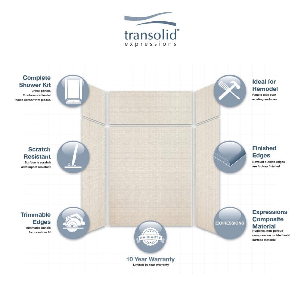 Transolid Expressions 48 in. x 60 in. x 96 in. 4-Piece Easy Up Adhesive Alcove Shower Wall Surround in Cameo (3)