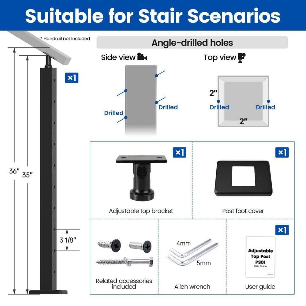 Helhom Black Stair Cable Railing Post, 36 Inch Size for 25-35 Degrees Stairs, Stainless Steel Cable Railing System Kit (2)