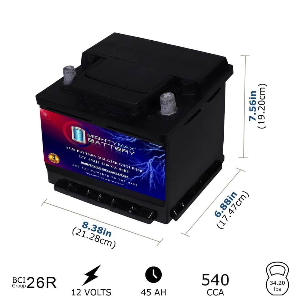 Mighty Max Battery MM-G26R Group Size 26R 12V, 45Ah, 80RC, 540 CCA, Replacement Battery for Isuzu I-Mark 4 Cylinders 7 1.5L 2BL SOHC 86-89 (2)