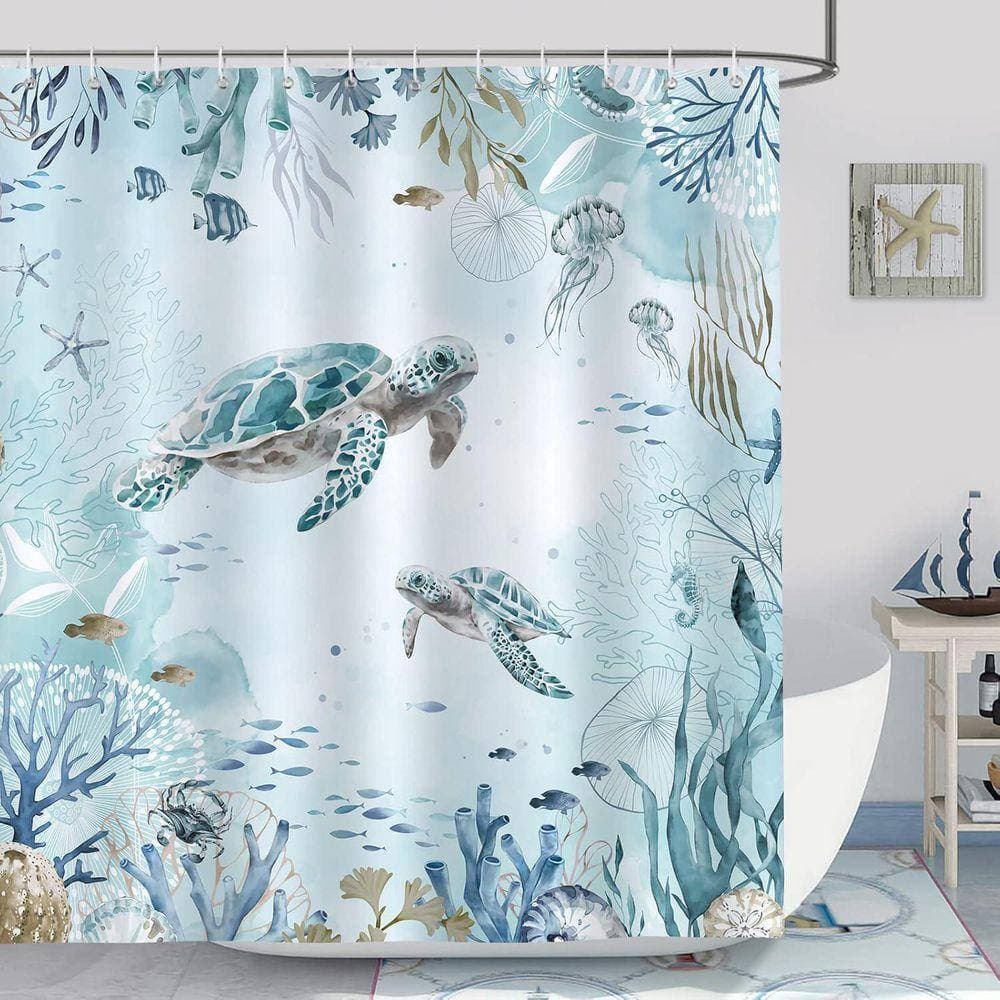 JFVKAF Sea Turtle Shower Curtain 72 x 72 in. Bathroom Curtain Teal Blue Ocean Coastal Waterproof with Hooks Polyester (2)